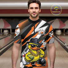 Load image into Gallery viewer, Male model in bowling lane wearing quarter-zip shirt with duck sunglasses fedora cash cigar bowling ball pins artwork