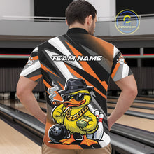 Load image into Gallery viewer, Front view male model in bowling lane wearing quarter-zip shirt featuring duck sunglasses fedora holding cash and cigar illustration