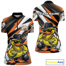 Load image into Gallery viewer, Front and back mockup of womens bowling quarter zip in black and orange featuring a duck wearing sunglasses and fedora holding cash and cigar beside bowling ball and pins.