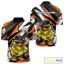 Load image into Gallery viewer, Front and back view of a men’s quarter-zip bowling shirt mockup featuring duck in sunglasses and fedora holding cash and cigar beside bowling ball and pins black and orange design