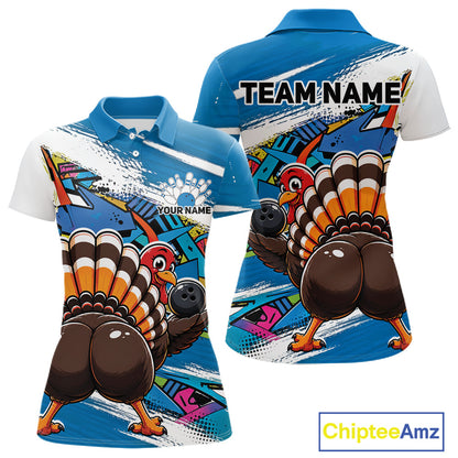 Front and back views of a blue custom women's bowling polo shirt featuring a funny graffiti turkey holding a bowling ball, paint splatter accents, and a personalized name.
