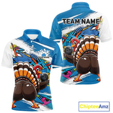Load image into Gallery viewer, Front and back views of a blue custom men's bowling polo shirt featuring an urban street style graffiti turkey holding a bowling ball.