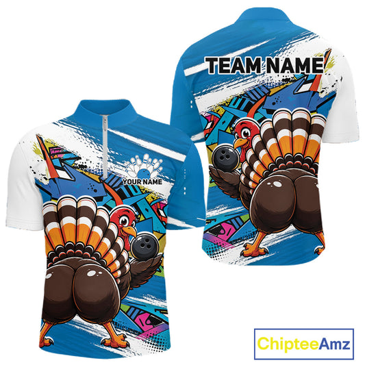 Front and back views of a blue custom quarter zip bowling shirt featuring a funny graffiti turkey holding a bowling ball, paint splatter accents, and a personalized name.