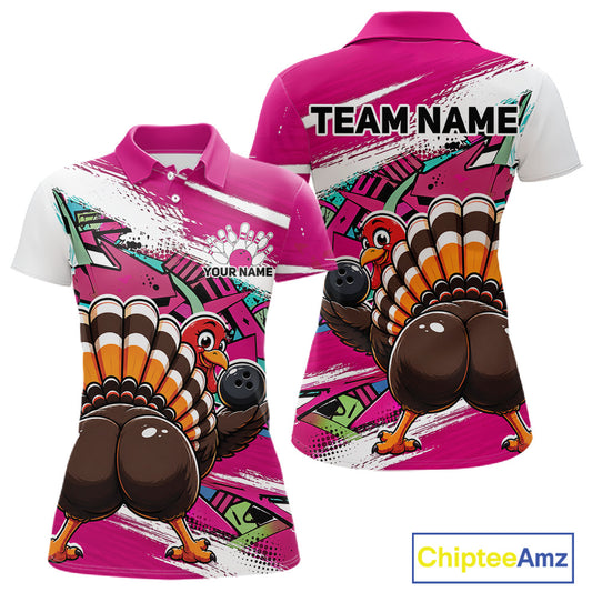 Front and back views of a pink custom women's bowling polo shirt featuring a funny graffiti turkey holding a bowling ball, paint splatter accents, and a personalized name.