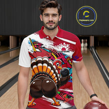 Load image into Gallery viewer, Front view of a male model wearing a red custom bowling polo shirt featuring a funny graffiti style turkey holding a bowling ball, paint splatter details, and a custom name in a bowling alley.