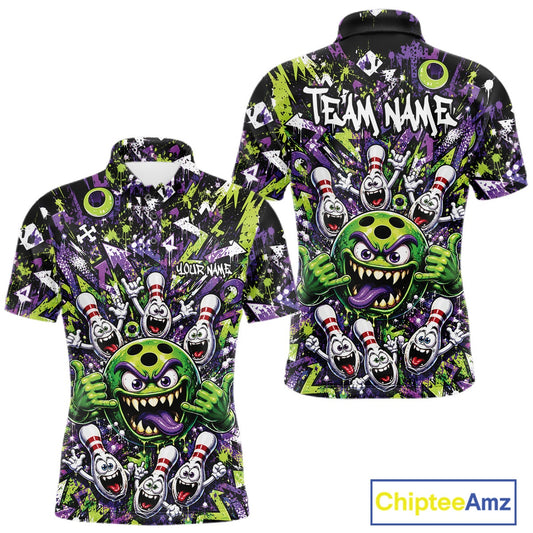 Front and back view of a green and purple men's bowling polo shirt featuring a mischievous green monster bowling ball with sharp teeth, a purple tongue, playful hand gesture, and cheerful cartoon bowling pins.