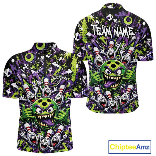 Front and back view of a green and purple men's bowling quarter-zip shirt featuring a mischievous green monster bowling ball with sharp teeth, a purple tongue, playful hand gesture, and cheerful cartoon bowling pins.