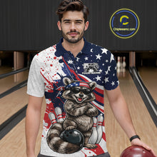 Load image into Gallery viewer, Male model in a bowling lane wearing a bowling polo with patriotic raccoon artwork leaning against a bowling ball.
