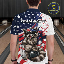 Load image into Gallery viewer, Back view of a bowling polo featuring a raccoon wearing sunglasses and a patriotic bandana beside a bowling ball.