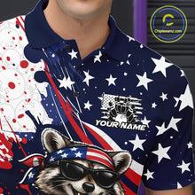 Load image into Gallery viewer, Left chest close-up of a bowling polo displaying a patriotic raccoon and bowling ball graphic.