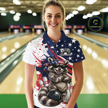 Load image into Gallery viewer, Female model in bowling lane wearing polo shirt with raccoon sunglasses patriotic bandana bowling ball artwork
