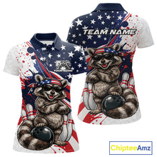 Load image into Gallery viewer, Front and back view women’s polo shirt mockup featuring raccoon wearing sunglasses and patriotic bandana leaning on bowling ball illustration