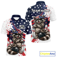 Load image into Gallery viewer, Front and back mens bowling polo mockup featuring a raccoon in sunglasses and patriotic bandana leaning on a bowling ball.