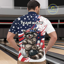 Load image into Gallery viewer, Front view male model in bowling lane wearing quarter-zip shirt with raccoon patriotic bandana bowling design