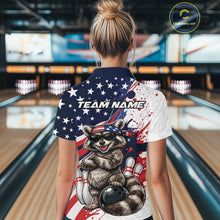 Load image into Gallery viewer, Back view female model in bowling lane wearing quarter zip shirt featuring raccoon with sunglasses and patriotic bandana leaning on a bowling ball with playful bowling graphics.