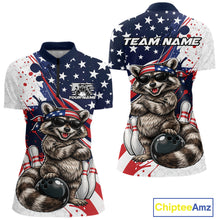 Load image into Gallery viewer, Front and back mockup of womens bowling quarter zip featuring a raccoon wearing sunglasses and patriotic bandana leaning on a bowling ball with playful sports illustration.
