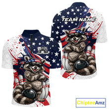 Load image into Gallery viewer, Front and back view of a men’s quarter-zip bowling shirt mockup featuring raccoon in sunglasses and patriotic bandana leaning on bowling ball illustration