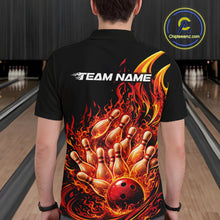 Load image into Gallery viewer, Back view of a black and red bowling polo featuring bold flame-inspired bowling artwork.