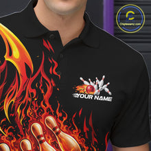 Load image into Gallery viewer, Close-up left chest detail of a black and red bowling polo with flaming bowling strike illustration.