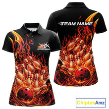 Load image into Gallery viewer, Front and back view of a women’s polo shirt featuring flaming bowling ball striking pins turquoise blue fire burst artwork
