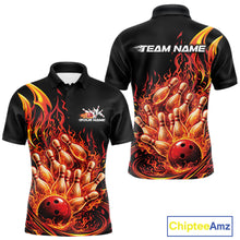 Load image into Gallery viewer, Front and back views of a mens black and red bowling polo showcasing a flaming bowling ball hitting bowling pins.