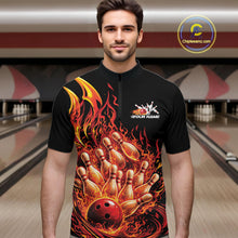 Load image into Gallery viewer, Male model in bowling lane wearing quarter-zip shirt with flaming bowling ball striking pins red blazing fire artwork