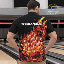 Load image into Gallery viewer, Front view male model in bowling lane wearing quarter-zip shirt featuring flaming bowling ball crashing pins red dynamic sports design