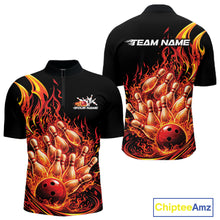 Load image into Gallery viewer, Front and back view men’s quarter-zip bowling shirt mockup featuring flaming bowling ball crashing into pins red fiery theme