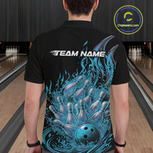 Load image into Gallery viewer, Back view of a black and blue bowling polo shirt featuring dynamic flame graphics and bowling pins.