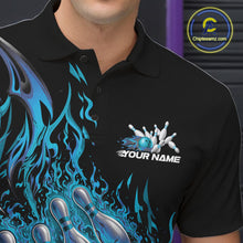 Load image into Gallery viewer, Detailed left chest view of a black and blue bowling polo with flaming bowling ball and pin artwork.