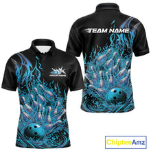 Load image into Gallery viewer, Front and back mens bowling polo mockup in black and blue with a fiery bowling ball crashing through pins illustration.