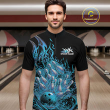 Load image into Gallery viewer, Male model in bowling lane wearing quarter-zip shirt with flaming bowling ball striking pins blue dynamic fire artwork