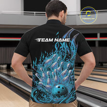 Load image into Gallery viewer, Front view male model in bowling lane wearing quarter-zip shirt featuring flaming bowling ball crashing pins blue sports design