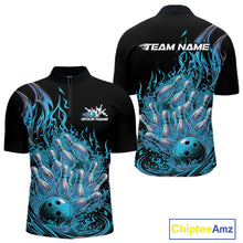 Load image into Gallery viewer, Front and back view men’s quarter-zip bowling shirt mockup featuring flaming bowling ball crashing into pins blue fire theme