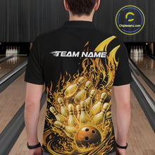 Load image into Gallery viewer, Back view of a black and yellow bowling polo worn by a male model featuring fiery bowling-themed accents.