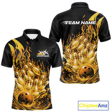 Load image into Gallery viewer, Mens bowling polo mockup in black and yellow shown from front and back with flaming bowling ball artwork crashing into pins.