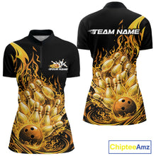 Load image into Gallery viewer, Front and back view mockup of a womens bowling quarter zip in black and yellow showcasing a flaming bowling ball striking pins with explosive fire burst artwork.