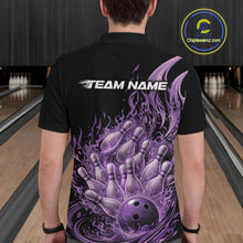 Load image into Gallery viewer, Back view of a male model in a black and purple bowling polo shirt displaying dynamic flame-inspired bowling graphics.