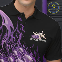 Load image into Gallery viewer, Close-up of the left chest area on a black and purple bowling polo featuring a flaming bowling ball and pin illustration.