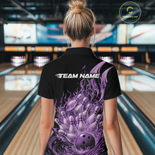 Load image into Gallery viewer, Back view female model wearing polo shirt with flaming bowling ball crashing into pins red fiery bowling graphics