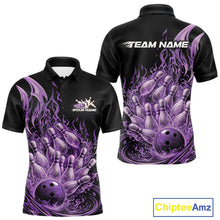 Load image into Gallery viewer, Front and back views of a mens black and purple bowling polo featuring a flaming bowling ball crashing into pins with blazing fire effects.