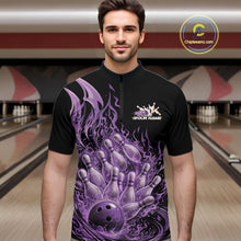 Load image into Gallery viewer, Male model in bowling lane wearing quarter-zip shirt with flaming bowling ball striking pins purple fire sports design