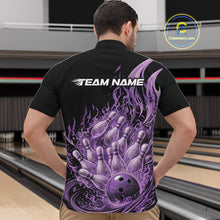 Load image into Gallery viewer, Front view male model in bowling lane wearing quarter-zip shirt featuring flaming bowling ball crashing pins purple dynamic artwork