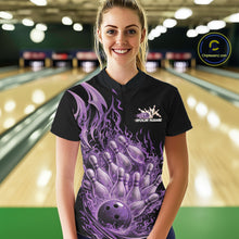 Load image into Gallery viewer, Female model in a bowling lane wearing a black and purple quarter zip shirt featuring a flaming bowling ball crashing into bowling pins with fiery design.