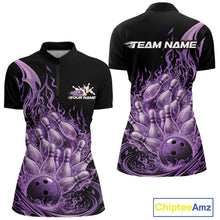 Load image into Gallery viewer, Front and back view of a women’s bowling quarter zip shirt featuring a flaming bowling ball crashing into pins with blazing fire effects.