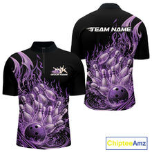 Load image into Gallery viewer, Front and back view men’s quarter-zip bowling shirt mockup featuring flaming bowling ball crashing into pins purple fiery theme