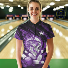 Load image into Gallery viewer, Person wearing a purple and black bowling shirt with a skull and bowling ball design in a bowling alley.