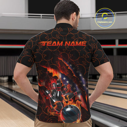 Custom Patriotic Flame Men Bowling Team Shirt, US Flag Bowling League Team Shirt IPHW10192