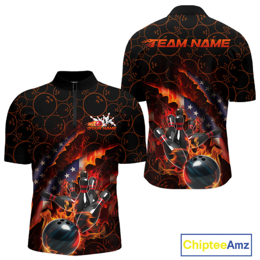 Custom Patriotic Flame Men Bowling Team Shirt, US Flag Bowling League Team Shirt IPHW10192