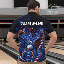 Load image into Gallery viewer, Front view male model in a bowling lane wearing a quarter zip shirt with flaming eagle graphics, blue bowling ball, American flag, and blue flames.